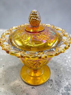 Vintage Indiana Glass Marigold Carnival Glass, Harvest Grape Pattern with Lid